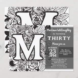 Black and White Monogram Tattoo Flowers Birthday  Invitation