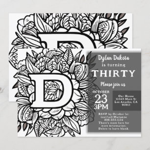 Black and White Monogram Tattoo Flowers Birthday  Invitation