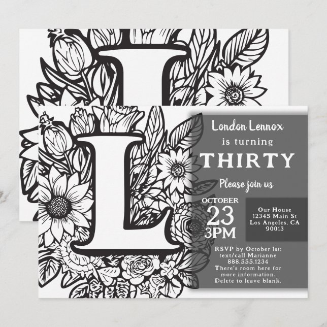 Black and White Monogram Tattoo Flowers Birthday  Invitation (Front/Back)