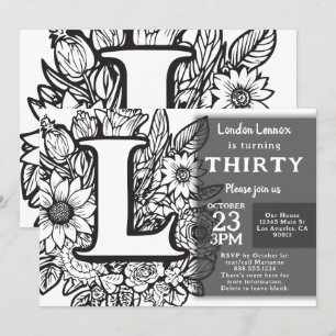 Black and White Monogram Tattoo Flowers Birthday  Invitation