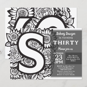 Black and White Monogram Tattoo Flowers Birthday  Invitation