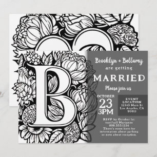 Black and White Monogram Tattoo Flowers Wedding Invitation