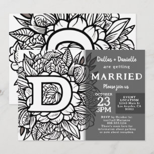 Black and White Monogram Tattoo Flowers Wedding Invitation