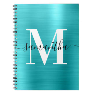 Black and White Monogram Turquoise Blue Foil  Notebook