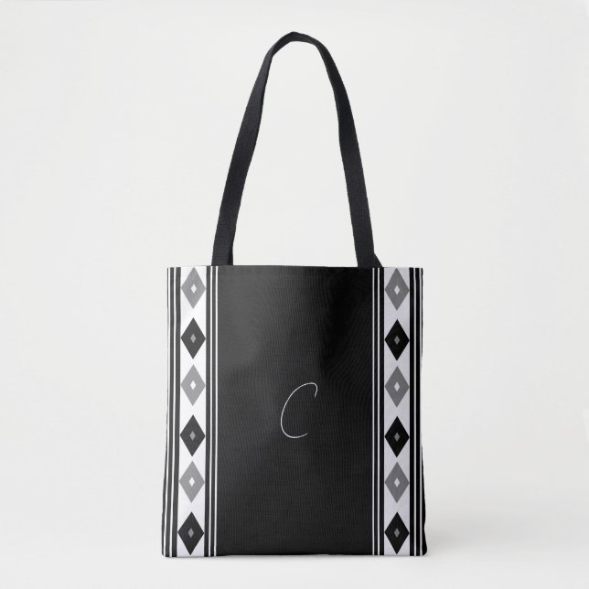 Black and White Monogram Vertical Stripes    Tote Bag (Front)