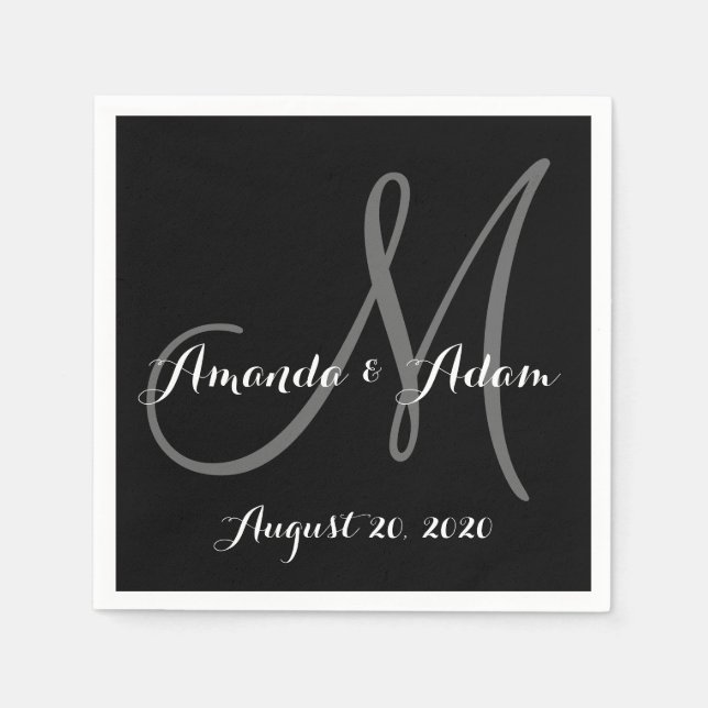 Black and White Monogram Wedding Paper Napkin (Front)