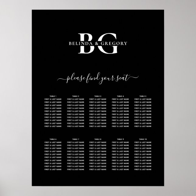 Black and White Monogram Wedding Seating Chart (Front)