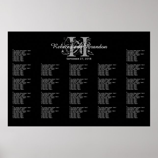 Black and White Monogram Wedding Seating Chart (Front)