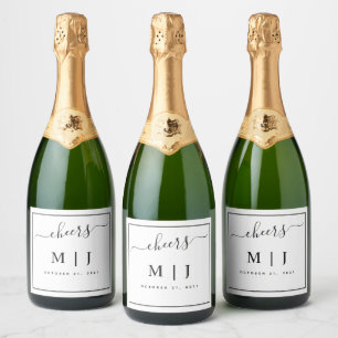 Black and White Monogram Wedding Sparkling Wine Label