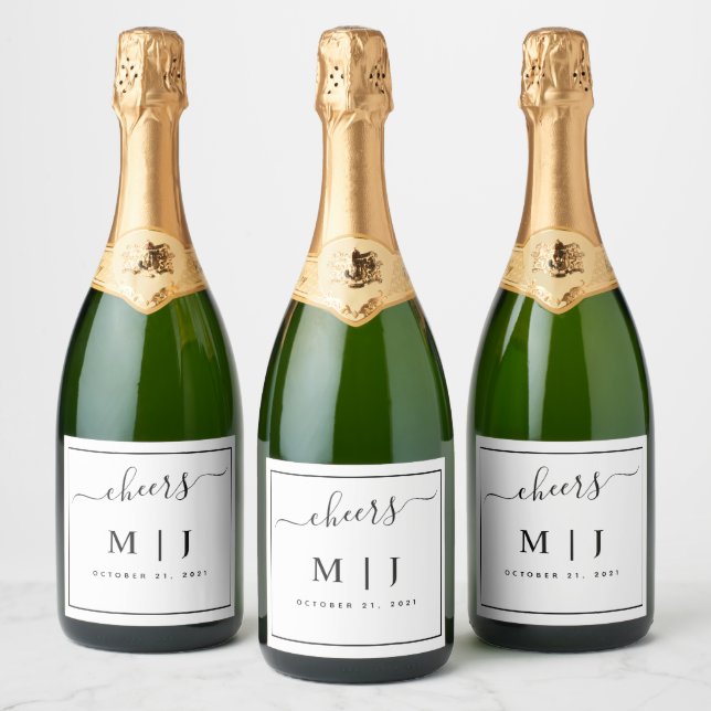 Black and White Monogram Wedding Sparkling Wine Label (Bottles)