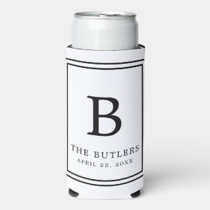 Black and White Monogram Wedding Tall Can Cooler