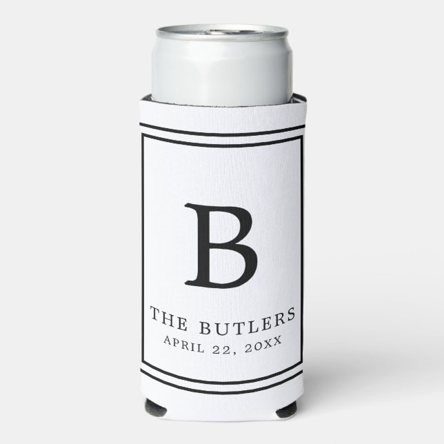 Black and White Monogram Wedding Tall Can Cooler (Seltzer Front)