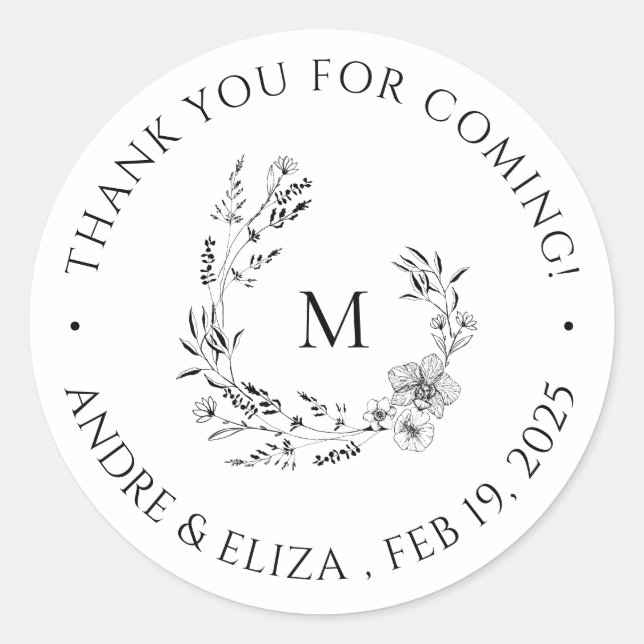 Black and White Monogram Wedding Thank You Sticker (Front)