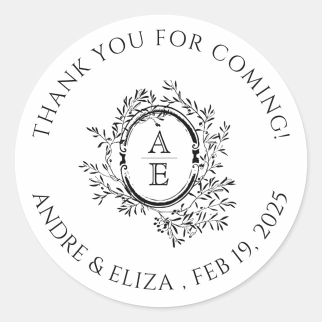 Black and White Monogram Wedding Thank You Sticker (Front)