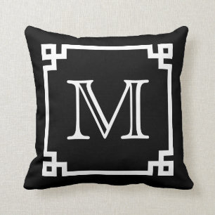 Black And White Monogram White Greek Key Cushion