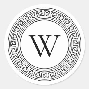 Black and White Monogram with Greek Key Pattern Classic Round Sticker