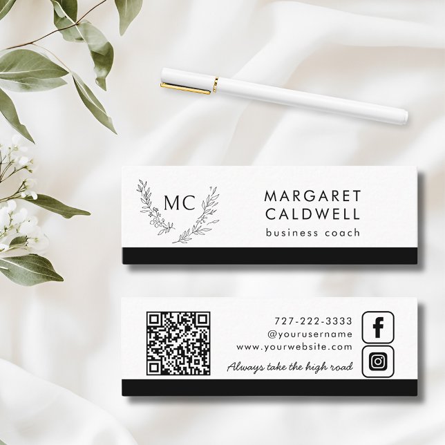 Black and White Monogram Wreath Mini Business Card (Black and White Monogram Wreath Mini Business Card with Social Media and QR Code)