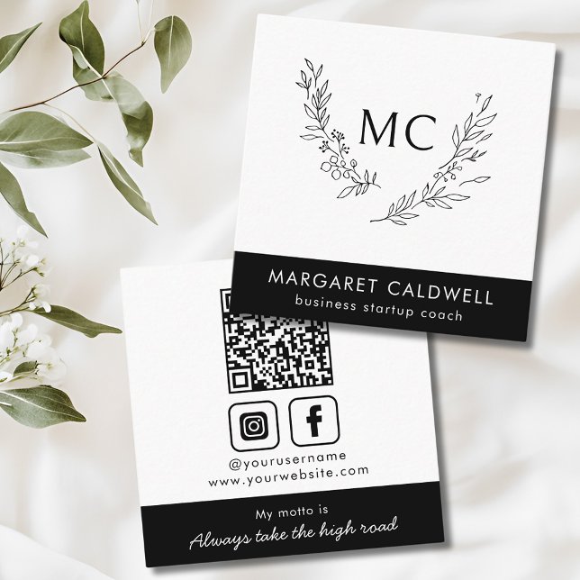 Black and White Monogram Wreath Square Business Card (Black and White Monogram Wreath Social Media QR Code Square Business Card)
