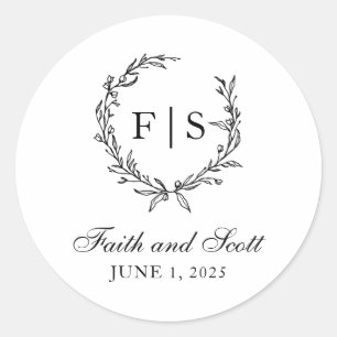 Black and White Monogram Wreath Stickers