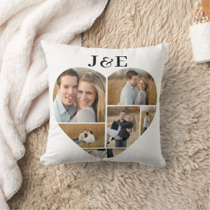 Black and White Monogramed Heart Photo Collage  Cushion