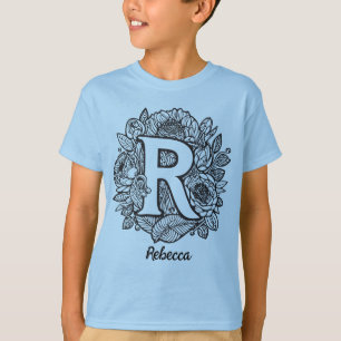 Black and White Monogrammed Tattoo Style Flowers T-Shirt