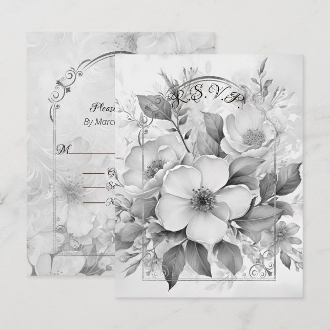 Black and White Monotone White Roses Gold Frame RSVP Card (Front/Back)