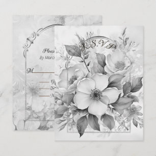 Black and White Monotone White Roses Gold Frame RSVP Card