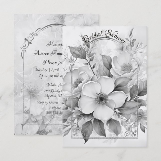 Black and White Monotone White Roses Gold Frame Save The Date (Front/Back)