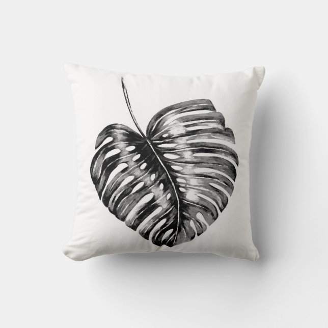 Black and white monstera leaf tropical palm cushion (Front)