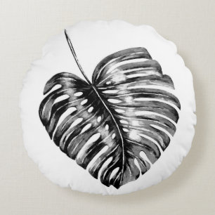 Black and white monstera leaf tropical palm round cushion