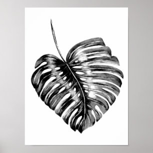 Black and white monstera leaf watercolor tropical poster