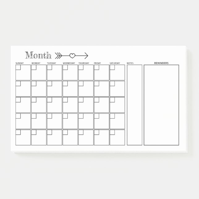 Black and White Monthly Planner Post-it Notes (Front)