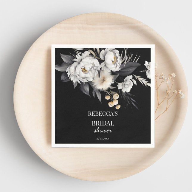 Black and white moody boho bridal shower template napkin (Black and white moody boho bridal shower template napkins personalized bridal shower tableware)