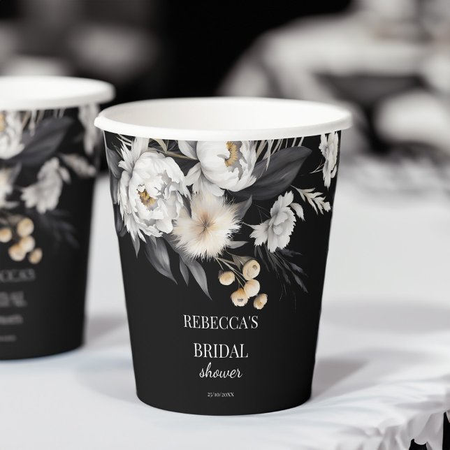 Black and white moody boho bridal shower template paper cups (Black and white moody boho bridal shower template paper cups personalized tableware white flowers)