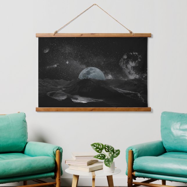Black and White Moon Night Sky Mountain Galaxy Pos Hanging Tapestry (Living Room)