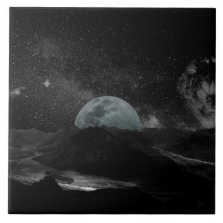 Black and White Moon Night Sky Mountain Galaxy  Tile