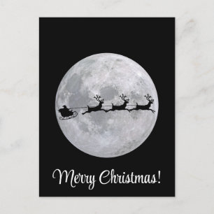 Black and White Moon Santa with Reindeers Postcard