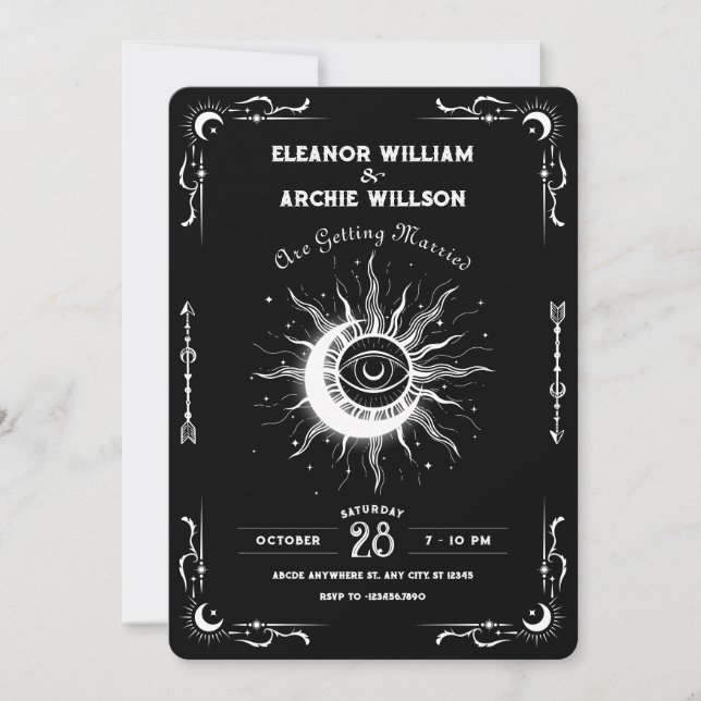 Black and white moon sun tarot celestial wedding invitation (Front)