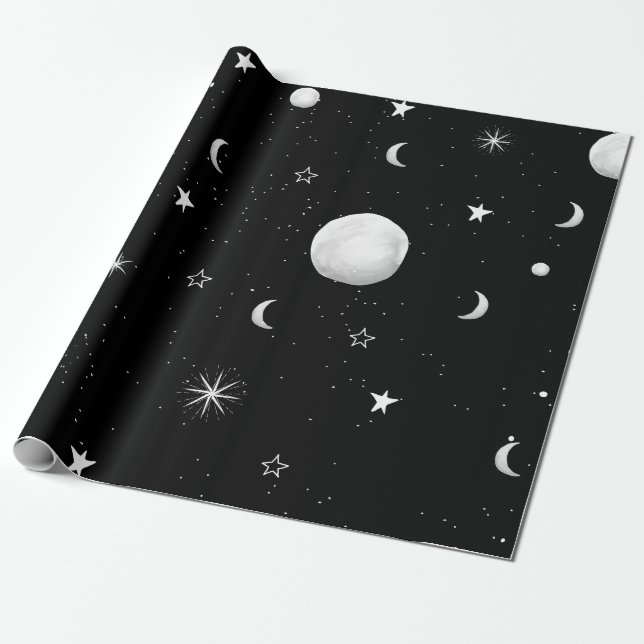 Black and White Moons and Stars Wrapping Paper (Unrolled)