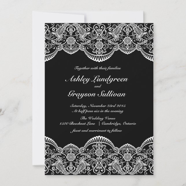 Black and White Moroccan Lace Wedding Invitation (Front)