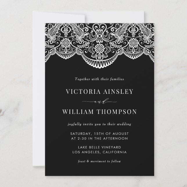 Black and White Moroccan Lace Wedding Invitation (Front)