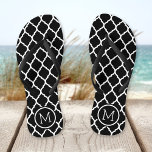 Black and White Moroccan Quatrefoil Monogram Flip Flops<br><div class="desc">Custom printed flip flop sandals with a stylish Moroccan quatrefoil pattern and your custom monogram or other text in a circle frame. Click Customise It to change text fonts and colours or add your own images to create a unique one of a kind design!</div>