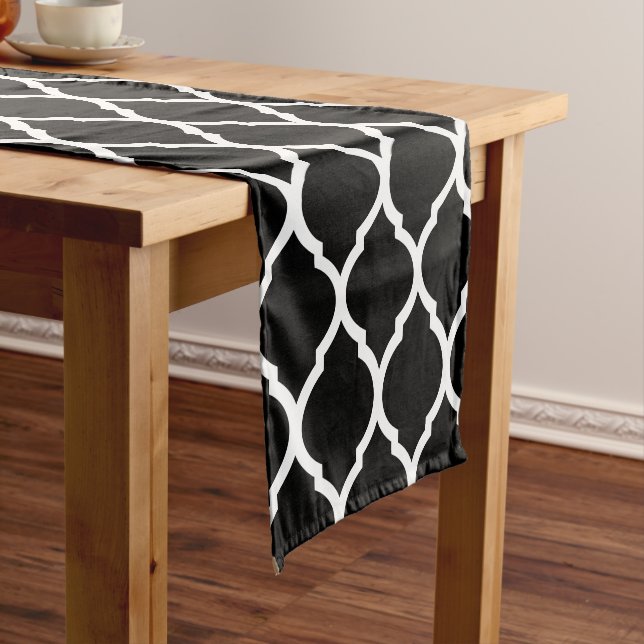 Black and White Moroccan Quatrefoil Short Table Runner (In Situ)