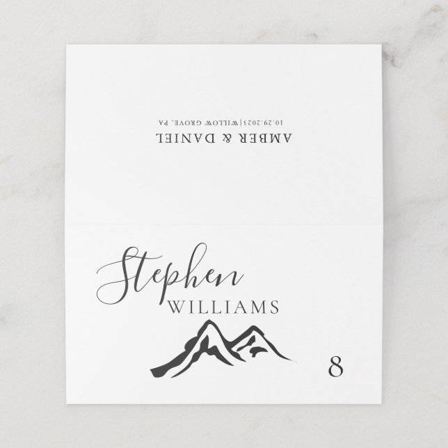 Black and White Mountain Calligraphy Wedding Place Card (Outside Unfolded)