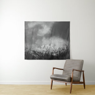Black and white mountains in clouds tapestry