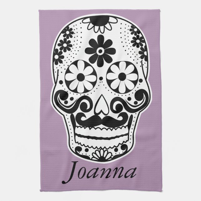 Black and White Moustache Skull Tea Towel (Vertical)