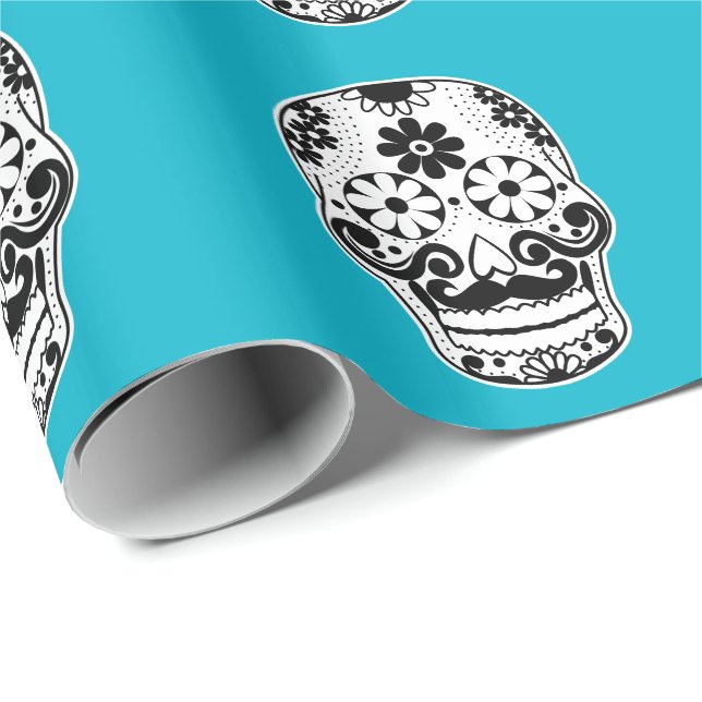 Black and White Moustache Skull Wrapping Paper (Roll Corner)