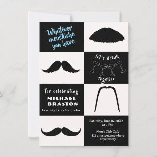 Black and White Moustache Styles Bachelor Party Invitation