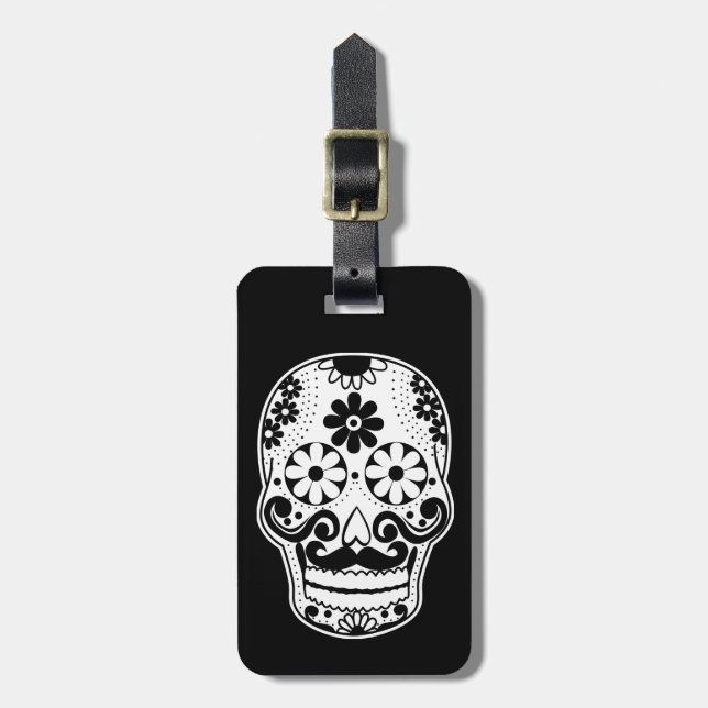 Black and White Moustache Sugar Skull Luggage Tag (Front Vertical)
