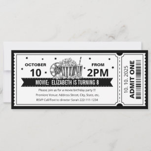 Black and White Movie ticket birthday invitation